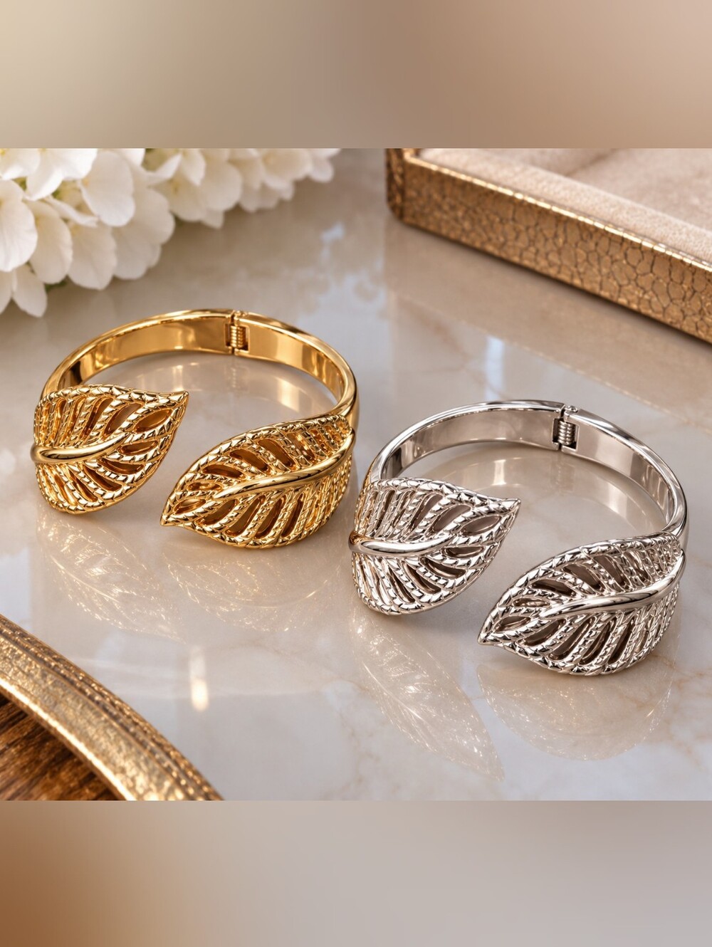 Designer Leaf Cuff Bracelet – Stainless Steel | Gold & Silver Tones